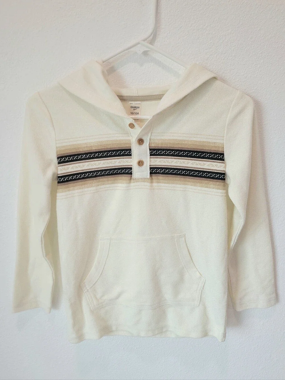 OshKosh B’gosh Boys 10 Cream Baja Hoodie Henley Stripe Pocket Lightweight Cozy